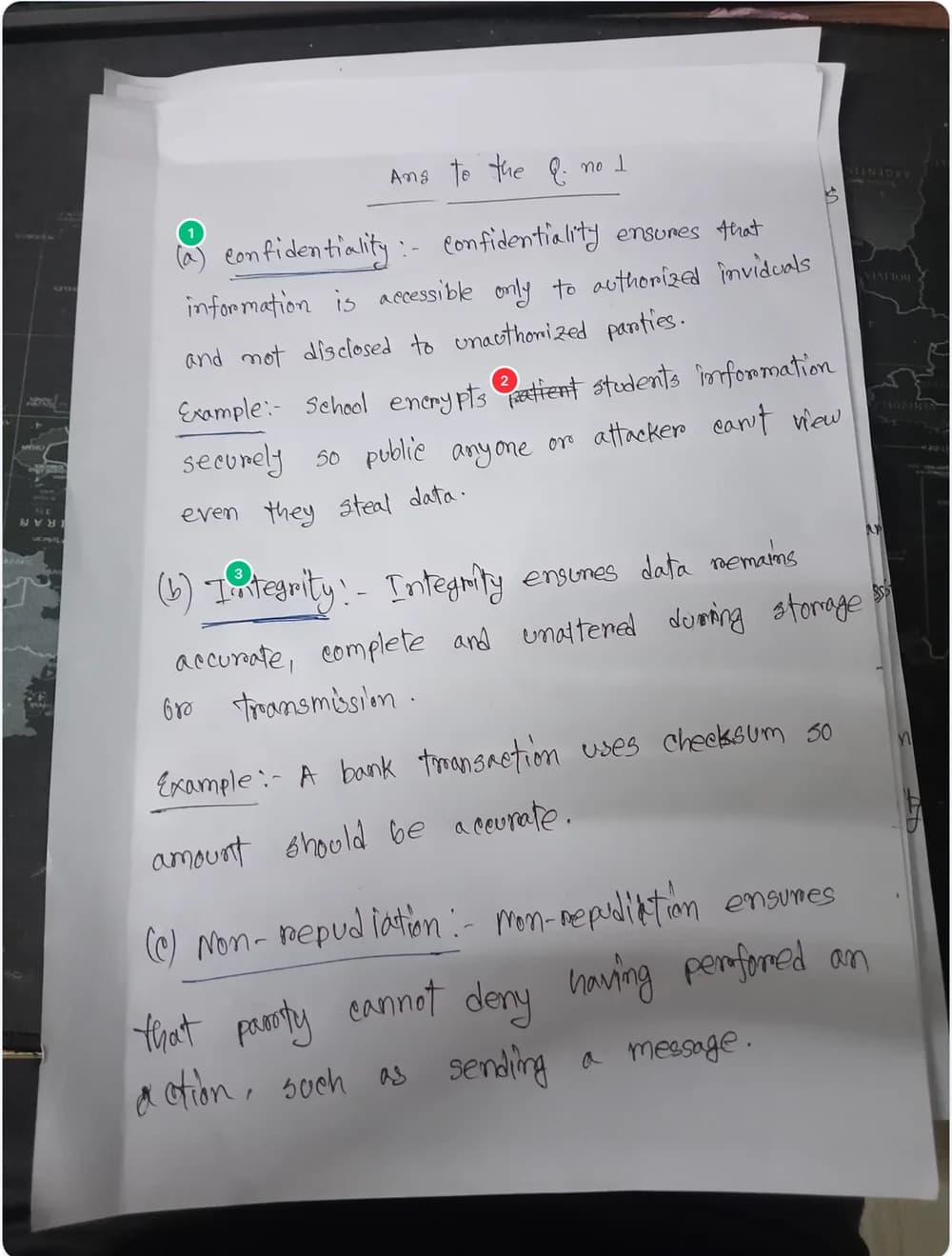 A photographed handwritten answer script with the grader's marks pinned on the page